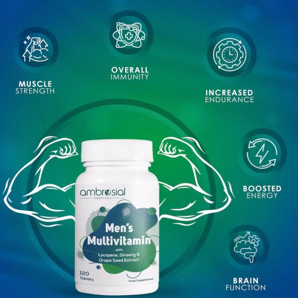 Second image of Ambrosial Men's Multivitamin with Lycopene, Ginseng & Grape Seed Extract (Pack of 1-120 Tablets)
